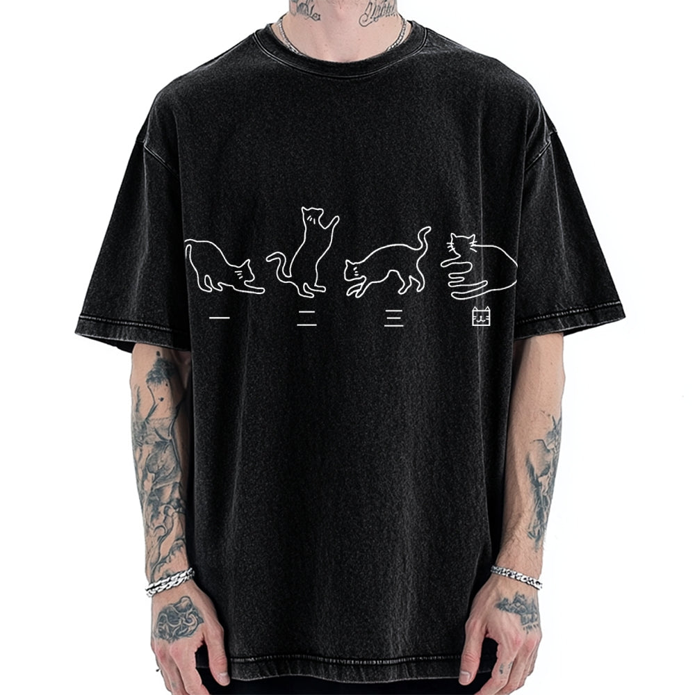 One Two Three Cat Japanese Kanji Vintage Washed T-shirt