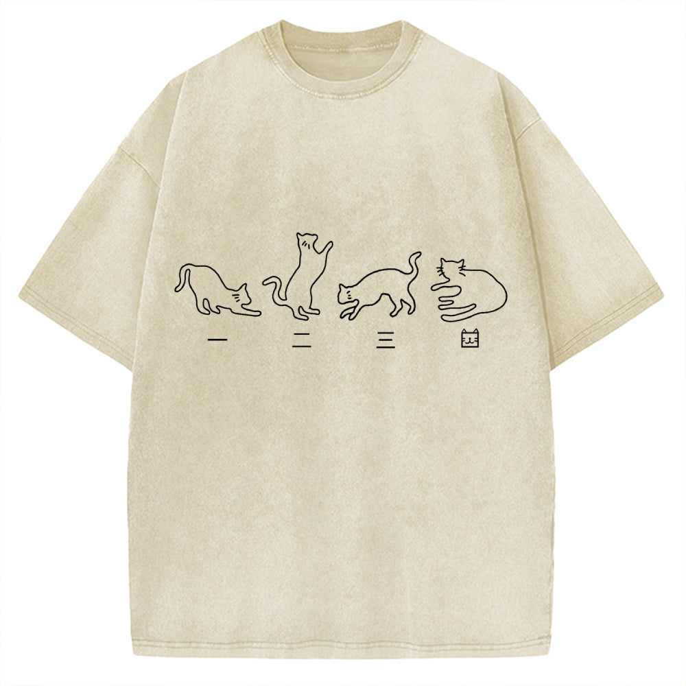 One Two Three Cat Japanese Kanji Vintage Washed T-shirt