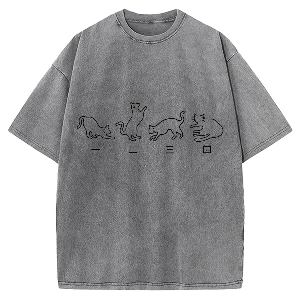 One Two Three Cat Japanese Kanji Vintage Washed T-shirt