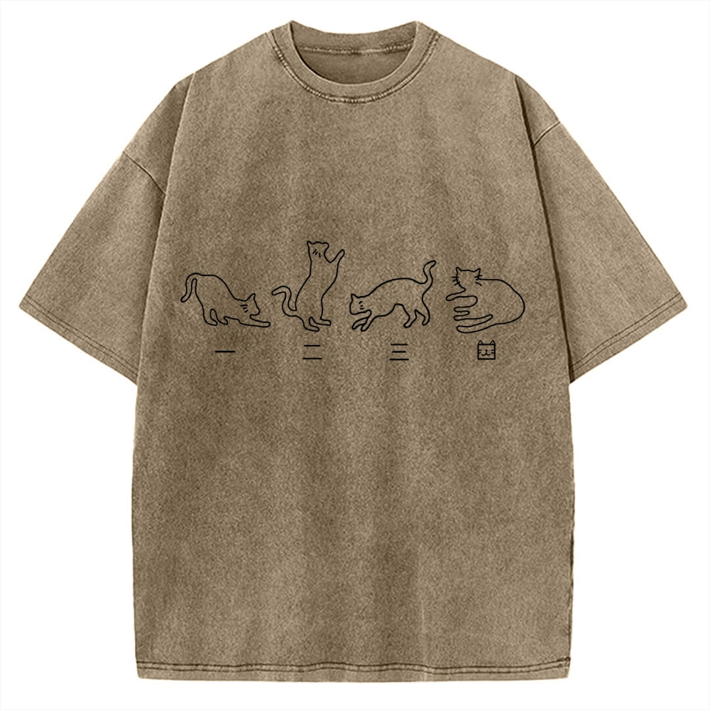 One Two Three Cat Japanese Kanji Vintage Washed T-shirt