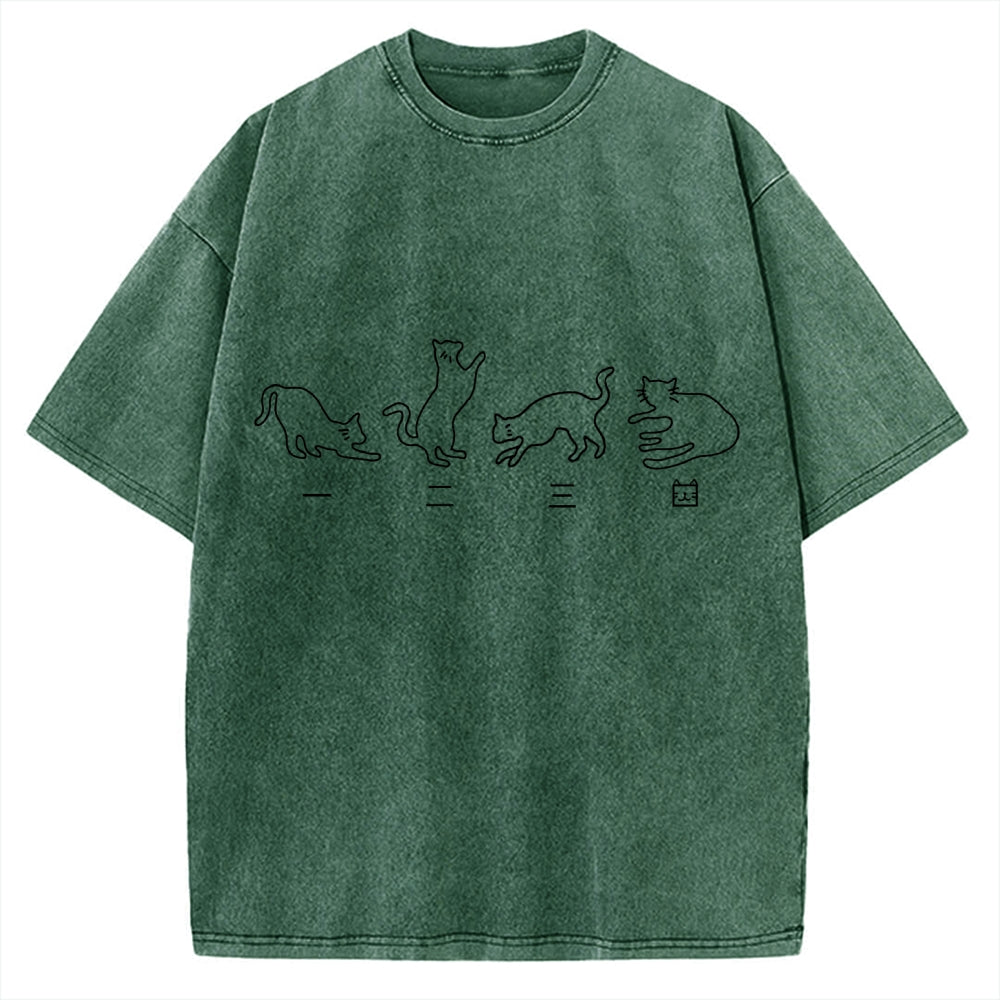 One Two Three Cat Japanese Kanji Vintage Washed T-shirt