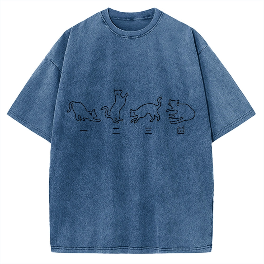 One Two Three Cat Japanese Kanji Vintage Washed T-shirt