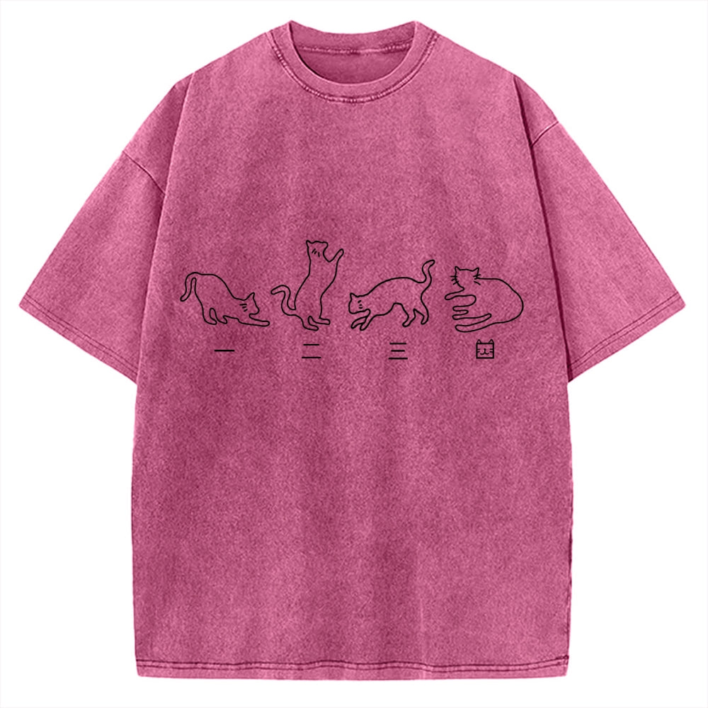 One Two Three Cat Japanese Kanji Vintage Washed T-shirt