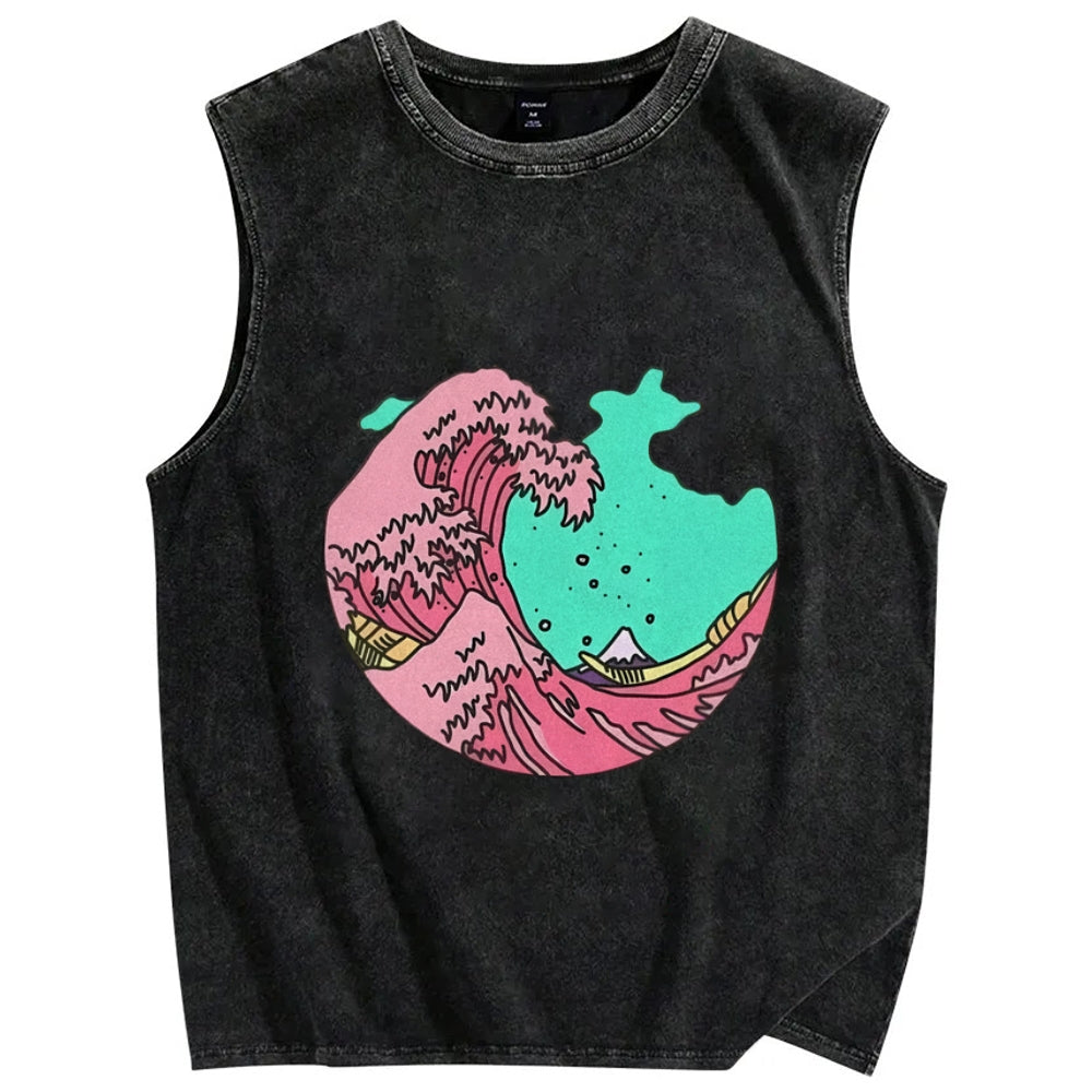 Pink waves of Kanagawa Vintage Distressed Washed Tank Top