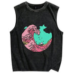 Pink waves of Kanagawa Vintage Distressed Washed Tank Top