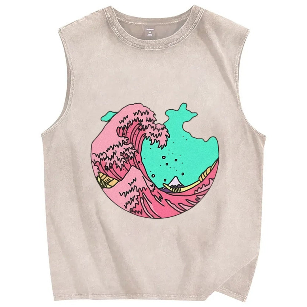 Pink waves of Kanagawa Vintage Distressed Washed Tank Top