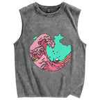 Pink waves of Kanagawa Vintage Distressed Washed Tank Top