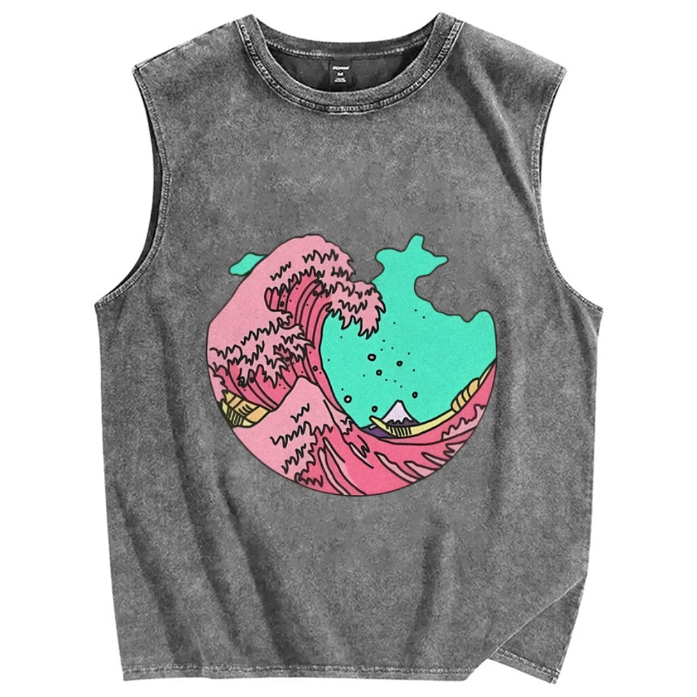 Pink waves of Kanagawa Vintage Distressed Washed Tank Top