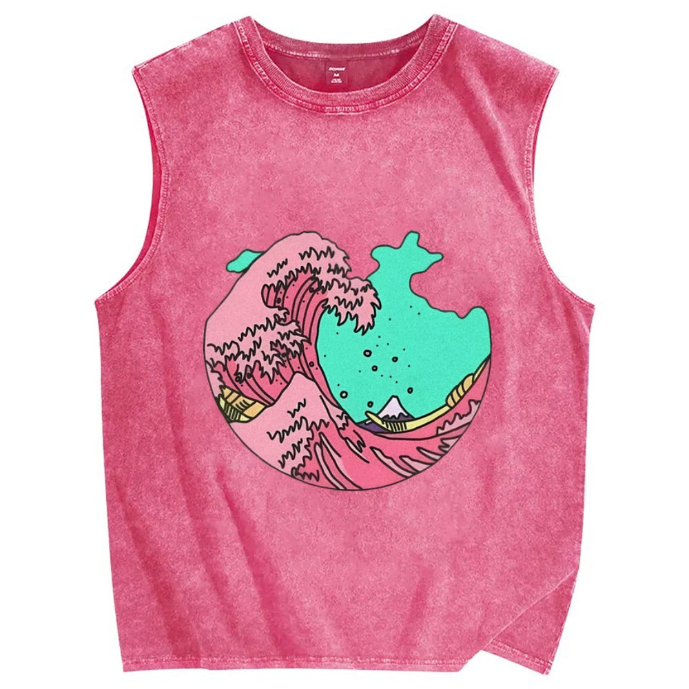Pink waves of Kanagawa Vintage Distressed Washed Tank Top