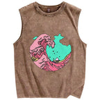Pink waves of Kanagawa Vintage Distressed Washed Tank Top