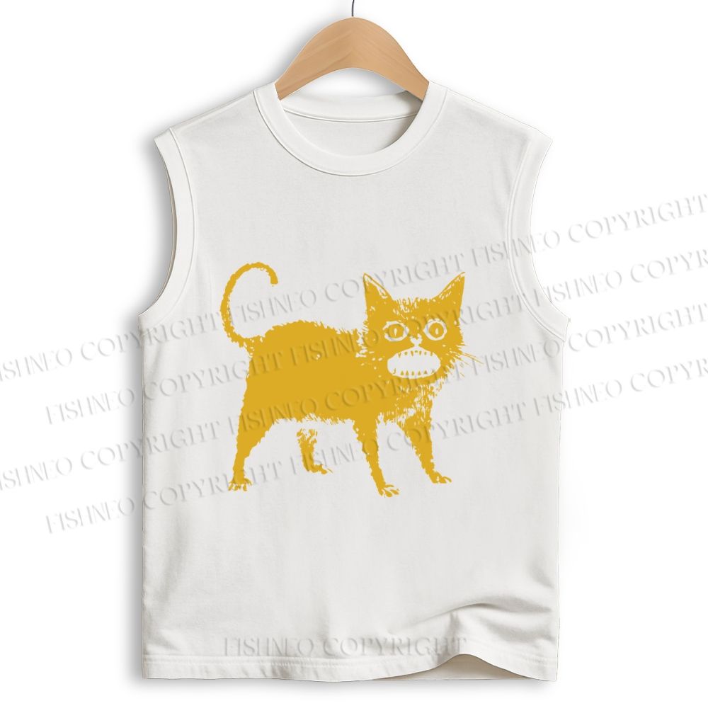 Unisex Horrible Japanese Cat Vintage Printed Cotton Tank Top