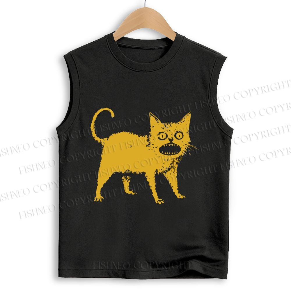 Unisex Horrible Japanese Cat Vintage Printed Cotton Tank Top