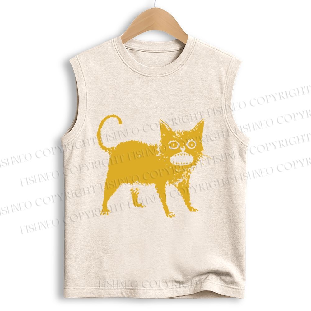 Unisex Horrible Japanese Cat Vintage Printed Cotton Tank Top