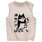 Unisex Japanese Funny Cat Printed Washed Tank Top