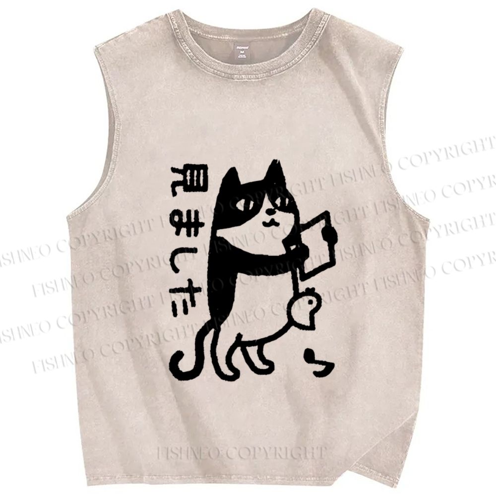 Unisex Japanese Funny Cat Printed Washed Tank Top