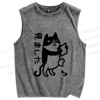 Unisex Japanese Funny Cat Printed Washed Tank Top