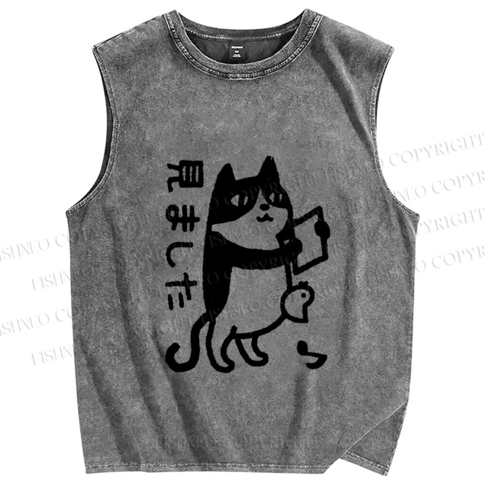 Unisex Japanese Funny Cat Printed Washed Tank Top
