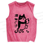Unisex Japanese Funny Cat Printed Washed Tank Top