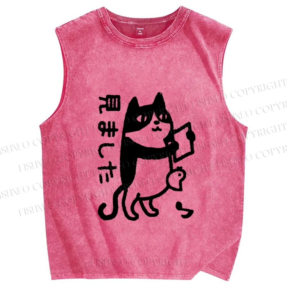 Unisex Japanese Funny Cat Printed Washed Tank Top