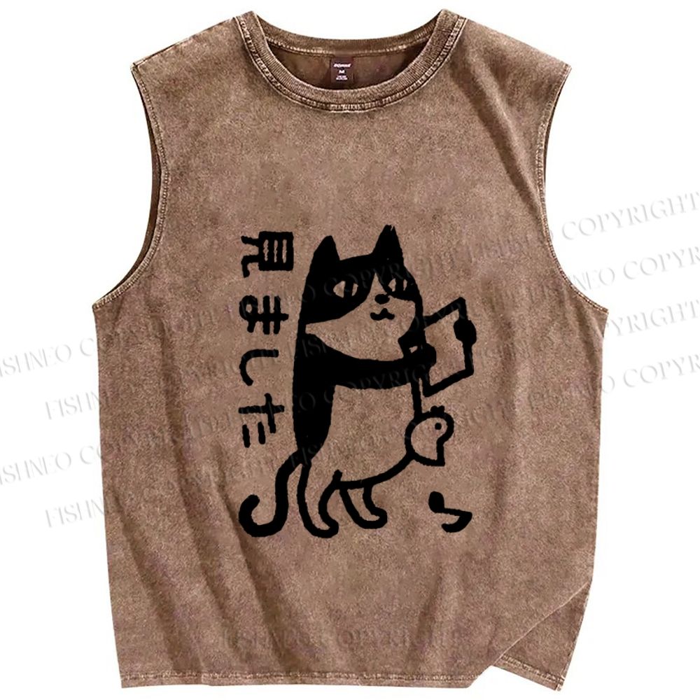 Unisex Japanese Funny Cat Printed Washed Tank Top