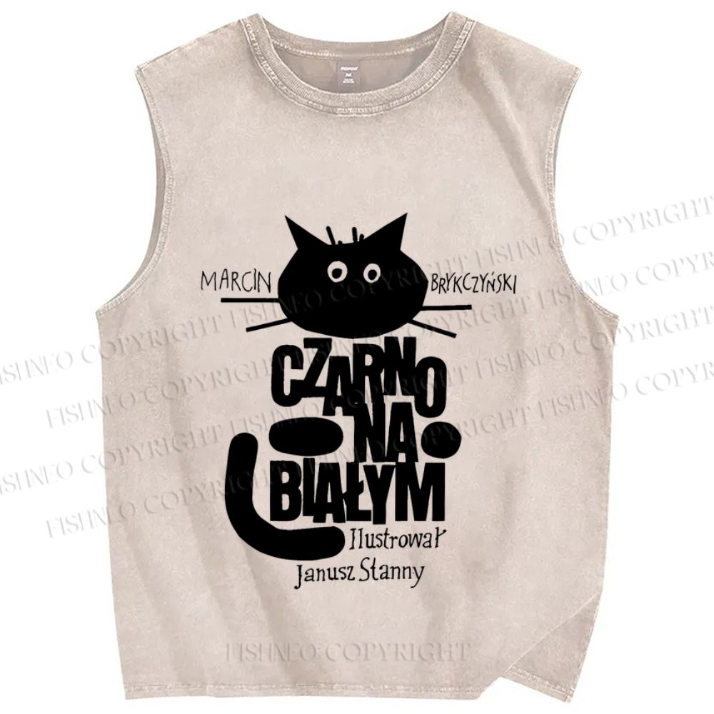 Unisex Black Cat Graffiti Printed Washed Tank Top