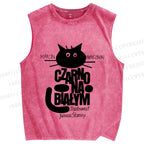 Unisex Black Cat Graffiti Printed Washed Tank Top