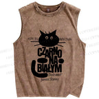 Unisex Black Cat Graffiti Printed Washed Tank Top