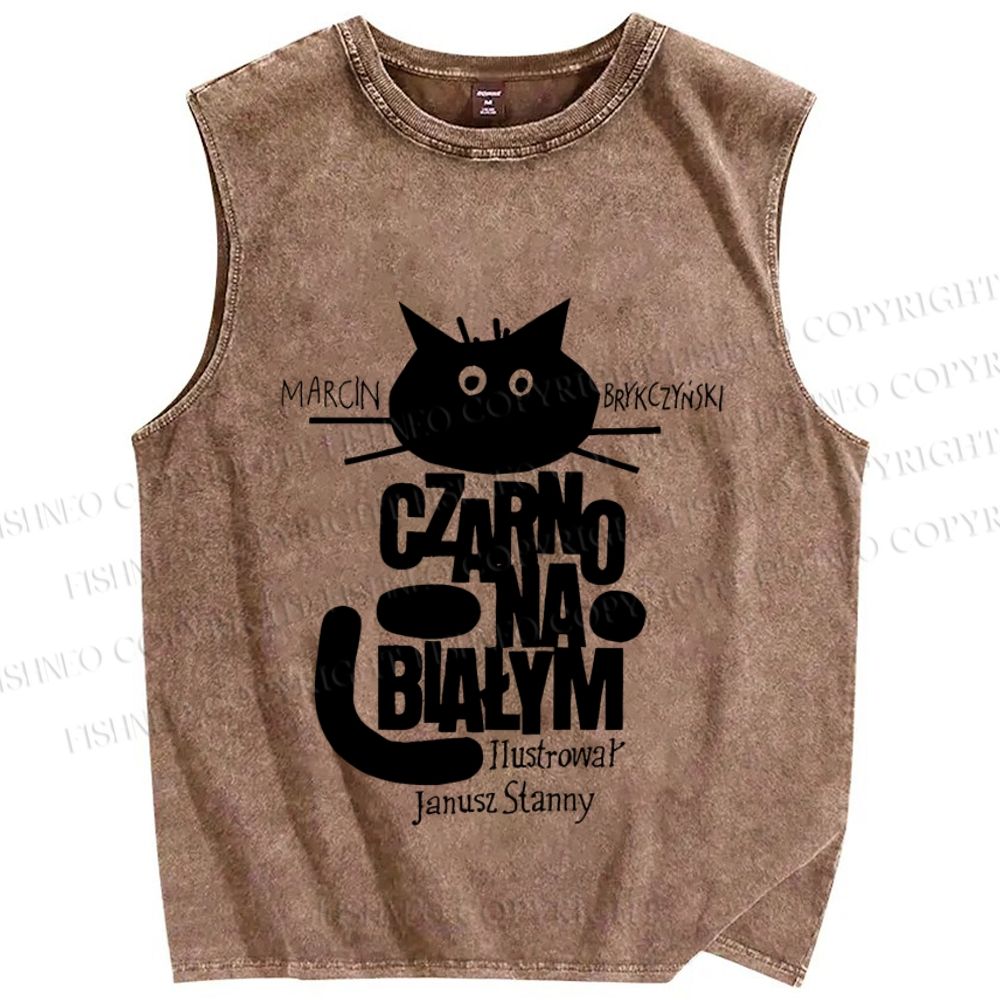 Unisex Black Cat Graffiti Printed Washed Tank Top