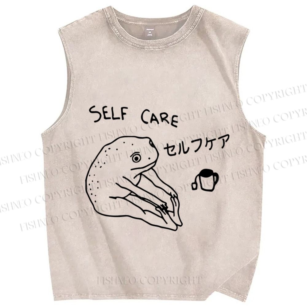 Unisex Funny Frog Self Care Printed Washed Tank Top