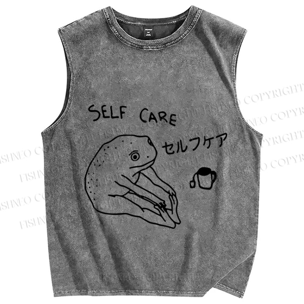 Unisex Funny Frog Self Care Printed Washed Tank Top