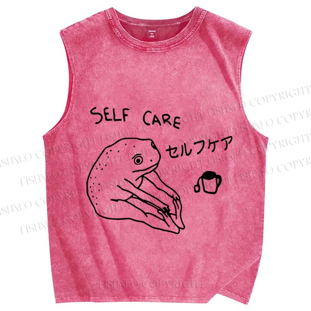 Unisex Funny Frog Self Care Printed Washed Tank Top