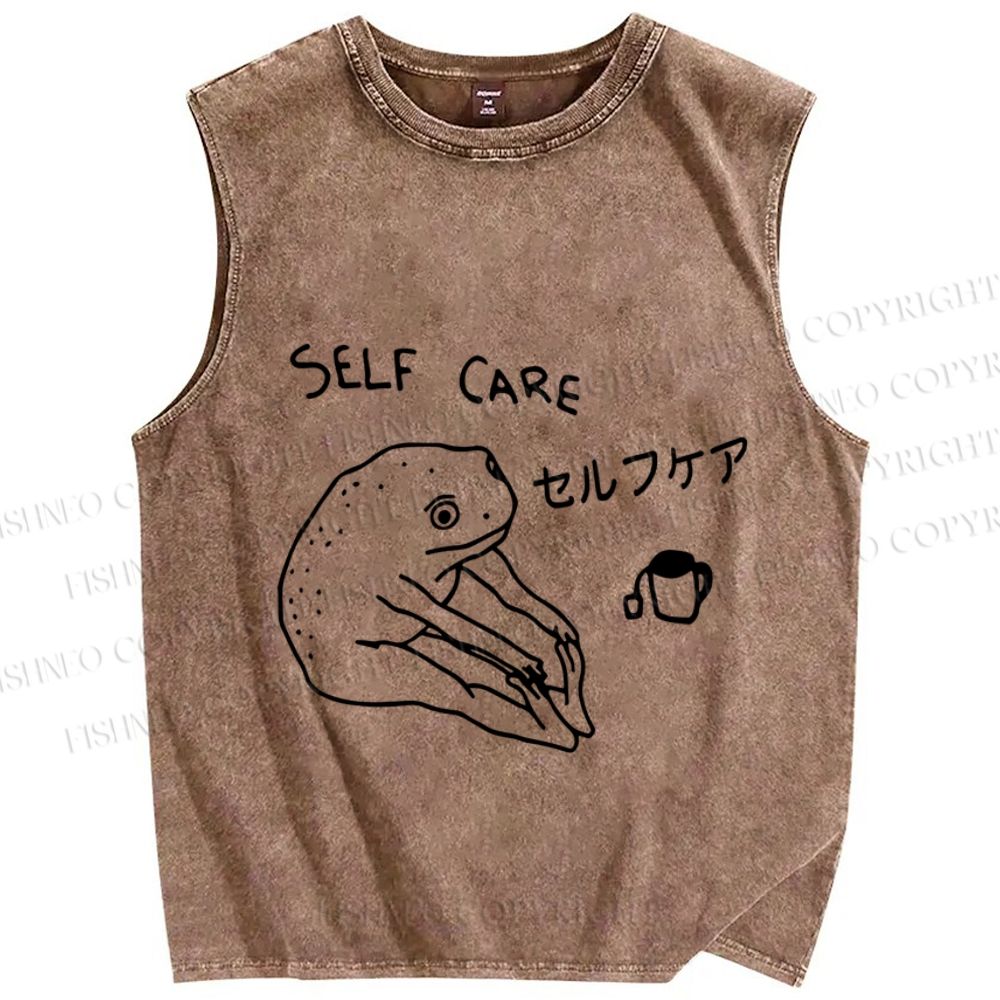 Unisex Funny Frog Self Care Printed Washed Tank Top