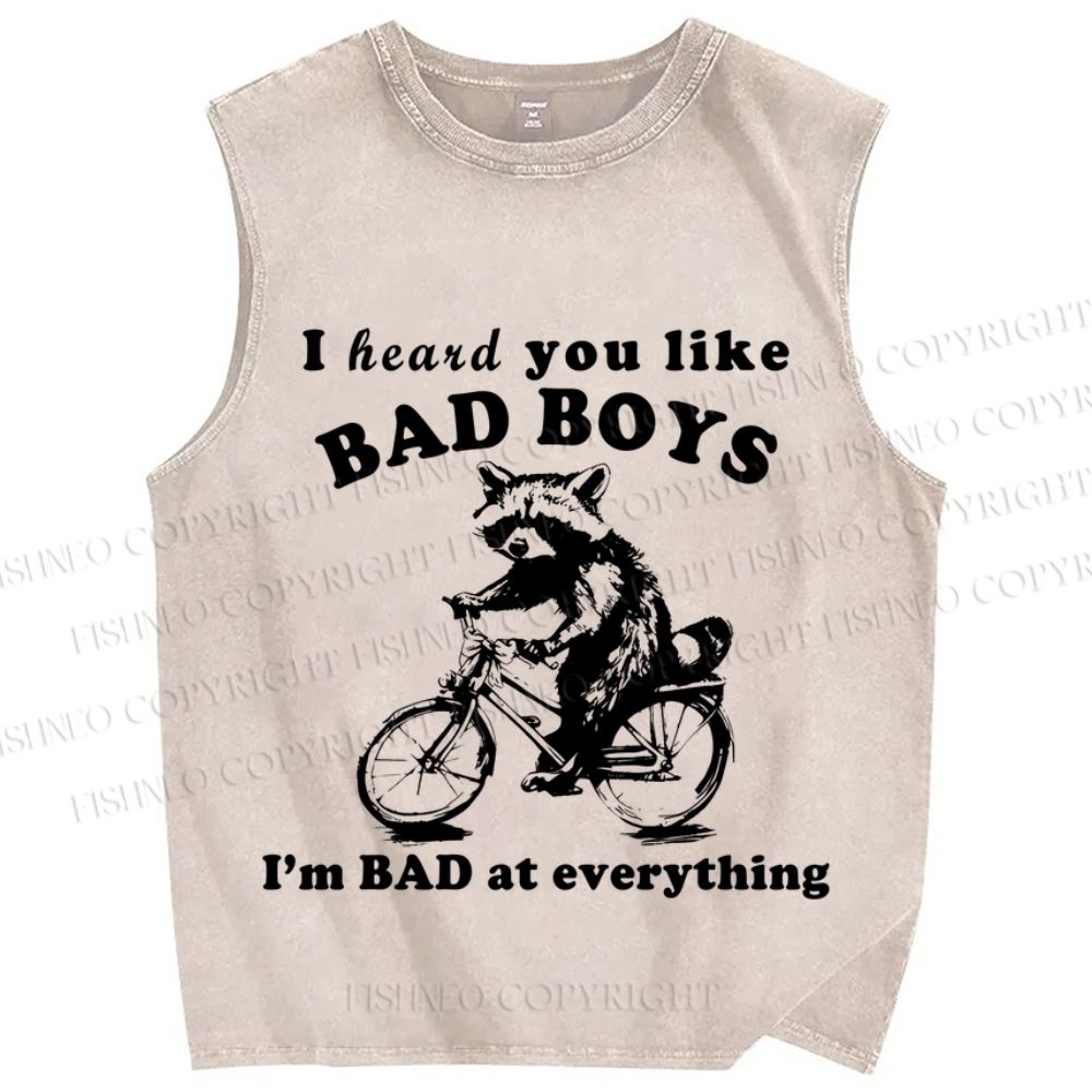 Unisex Bad Boy Raccoon Printed Washed Tank Top