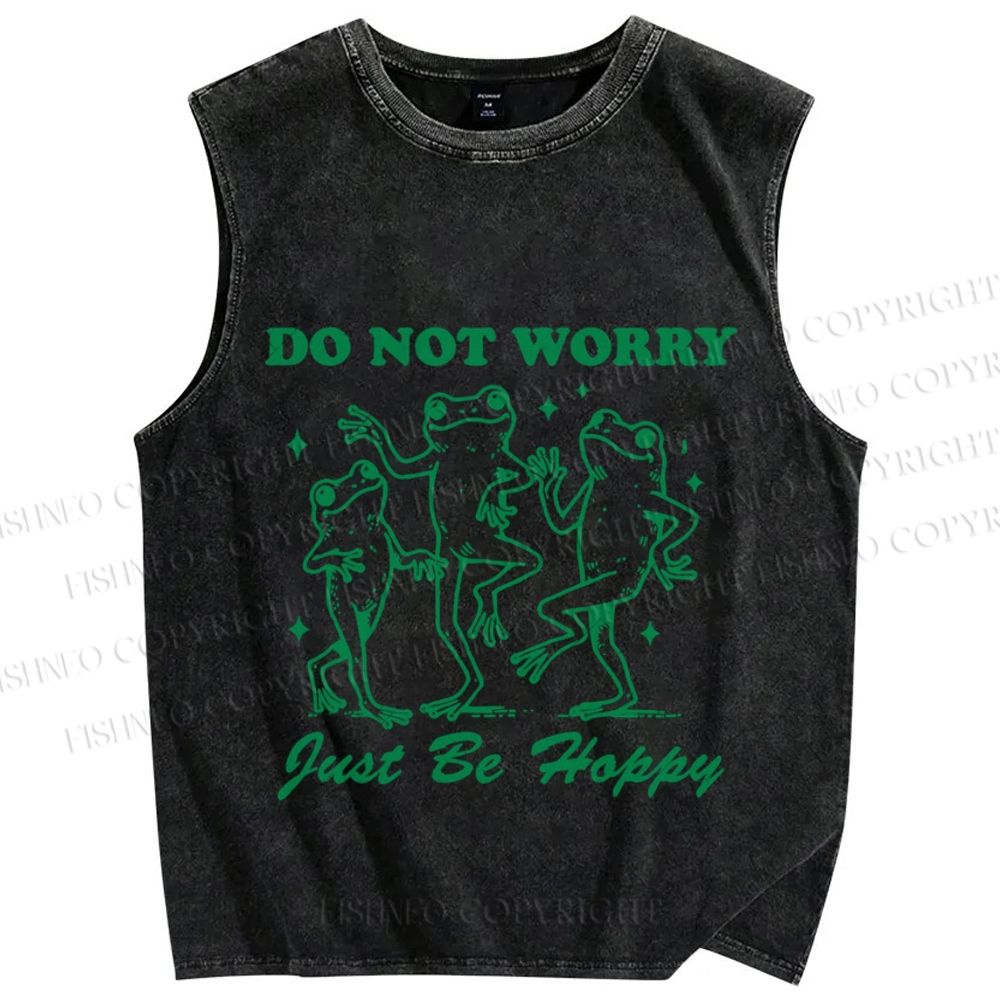 Unisex Frog Do Not Worry Printed Washed Tank Top