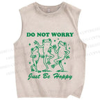Unisex Frog Do Not Worry Printed Washed Tank Top