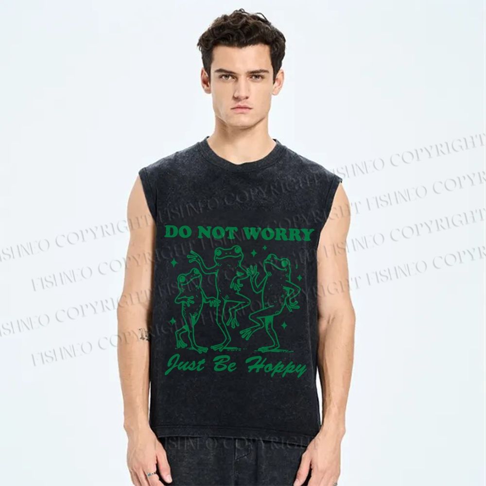 Unisex Frog Do Not Worry Printed Washed Tank Top