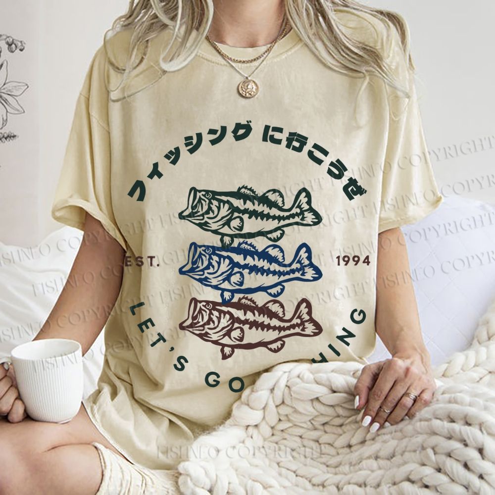 Unisex Vintage Let's Go Fishing Printed Washed Tee