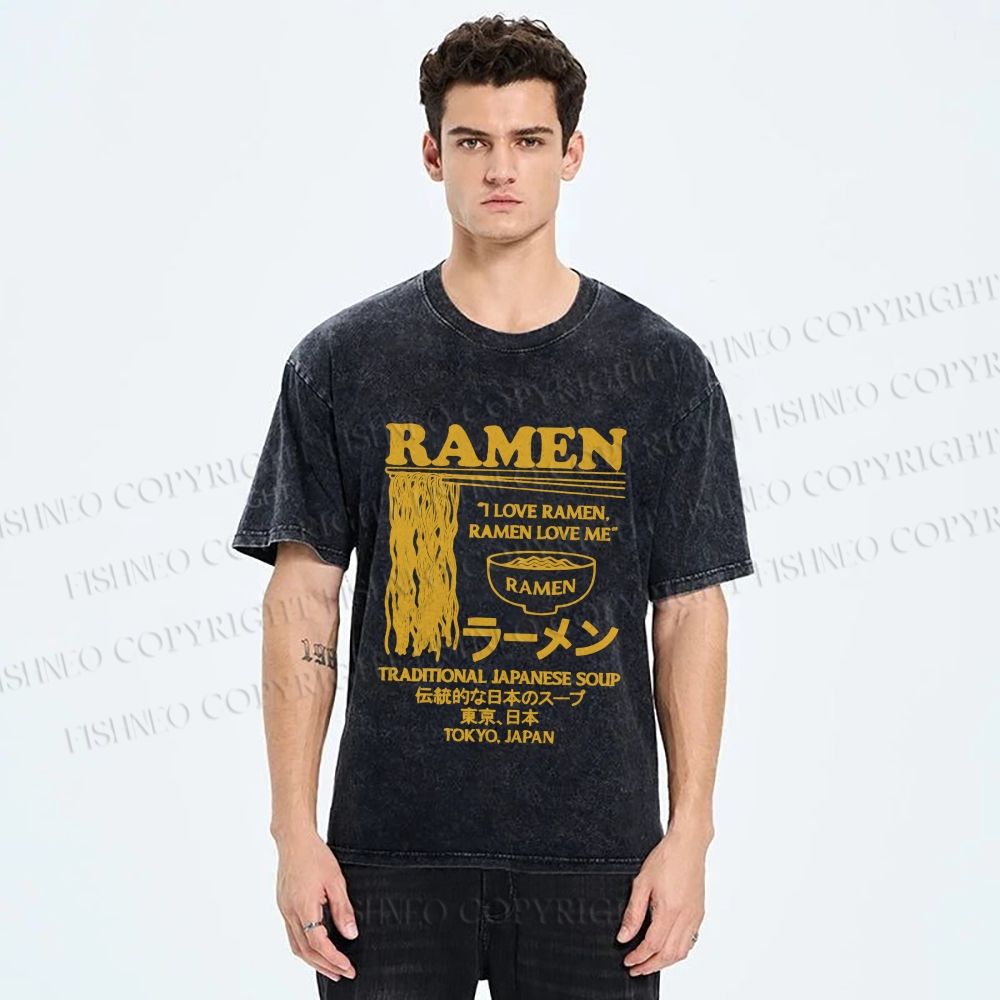 Unisex Vintage Japanese Ramen Printed Washed Tee