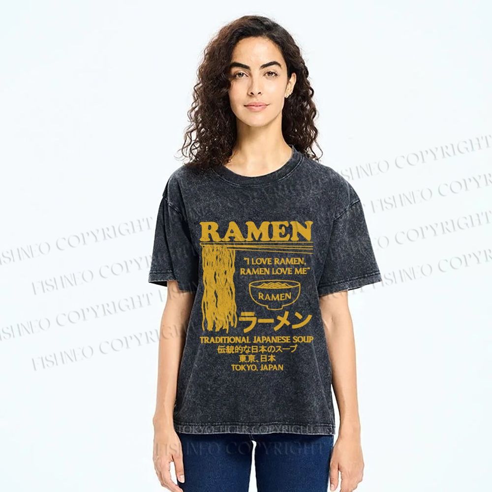 Unisex Vintage Japanese Ramen Printed Washed Tee