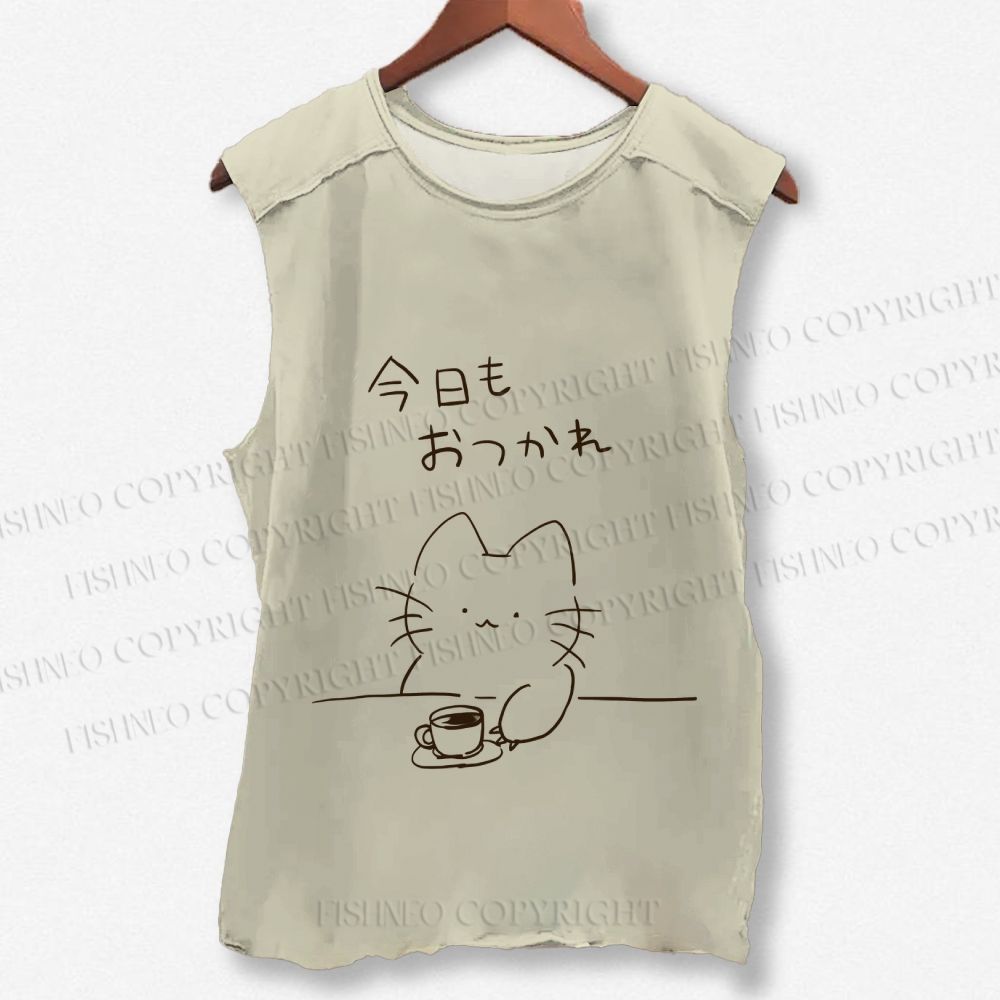 Unisex Japanese Cat Have Coffee Printed Washed Tank Top