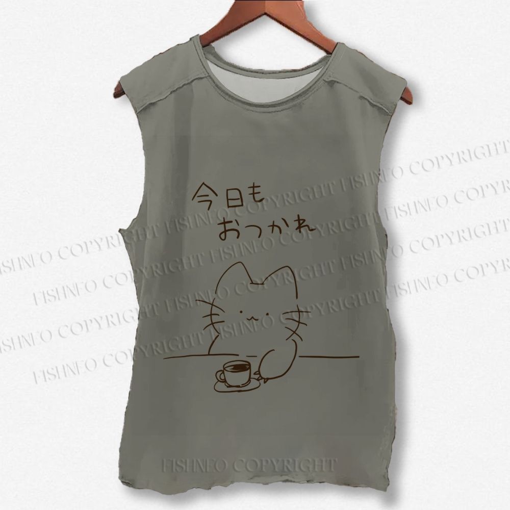 Unisex Japanese Cat Have Coffee Printed Washed Tank Top