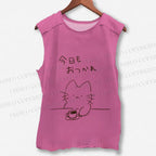 Unisex Japanese Cat Have Coffee Printed Washed Tank Top