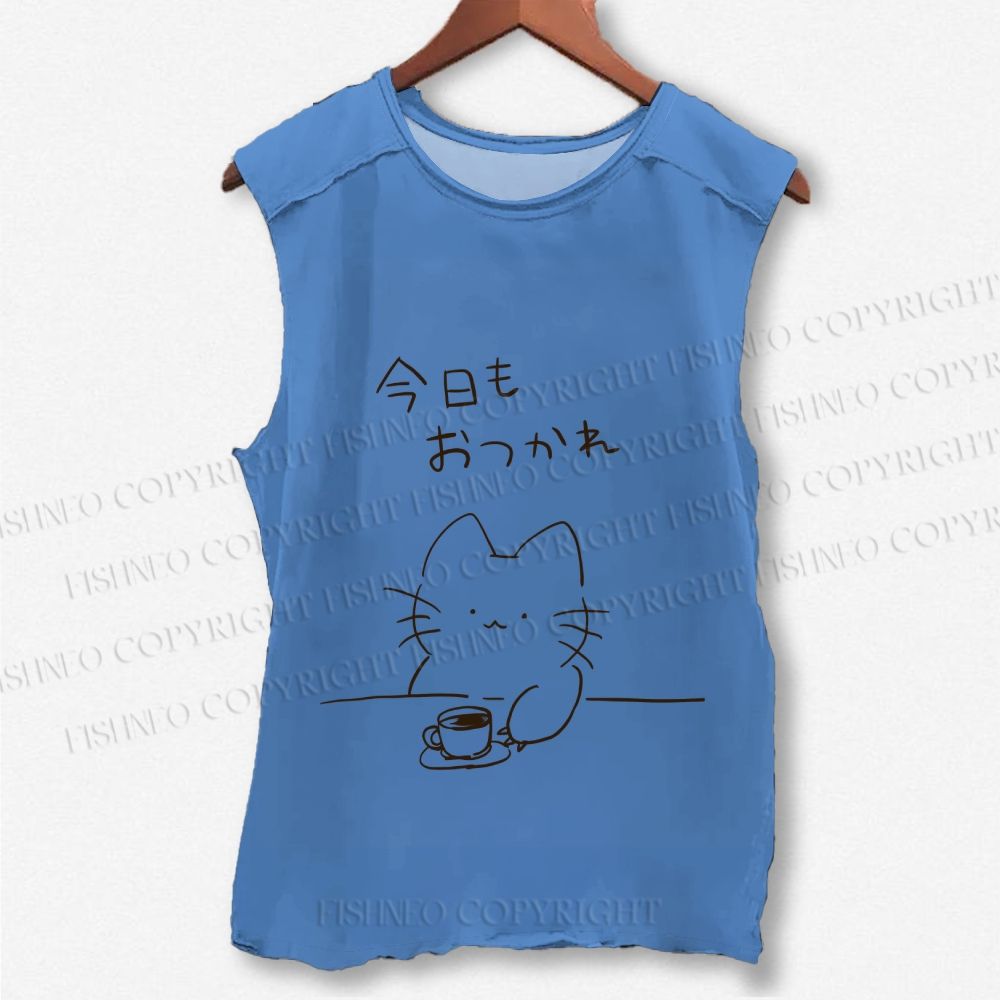 Unisex Japanese Cat Have Coffee Printed Washed Tank Top