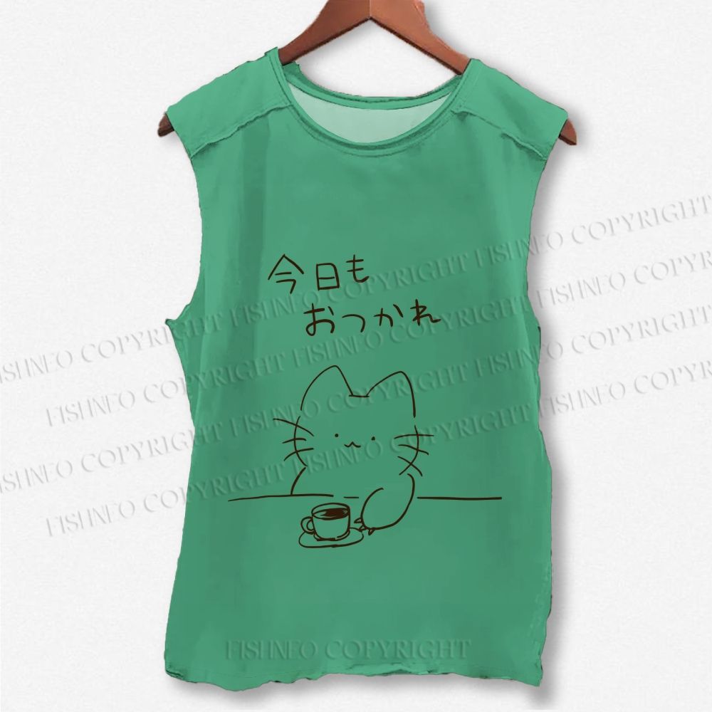 Unisex Japanese Cat Have Coffee Printed Washed Tank Top