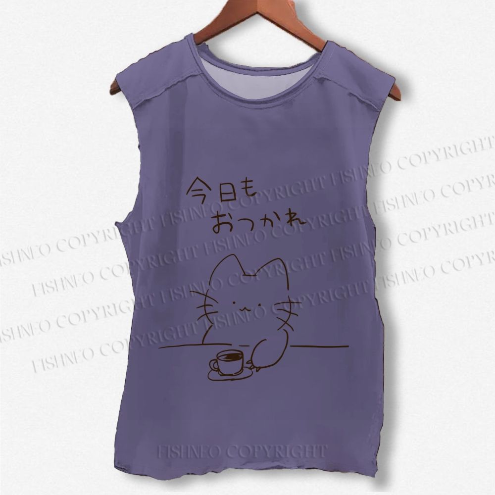 Unisex Japanese Cat Have Coffee Printed Washed Tank Top