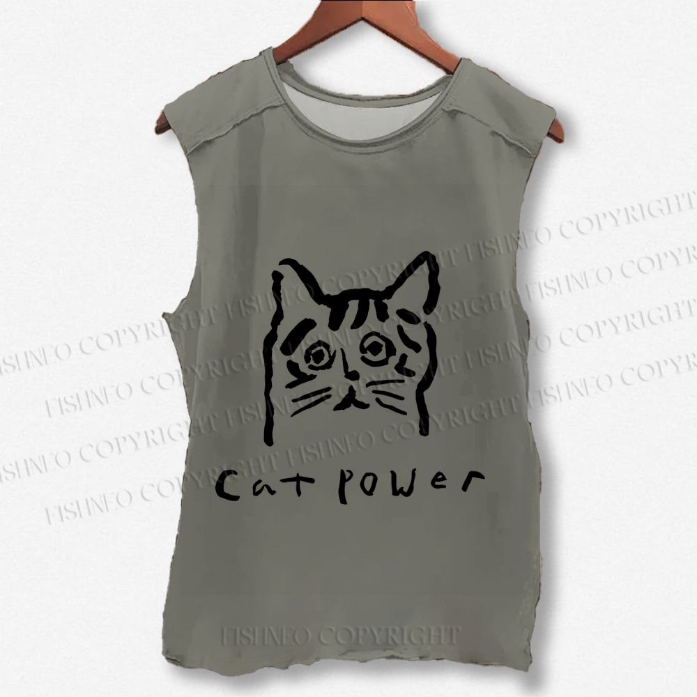 Unisex Cat Power Printed Washed Tank Top