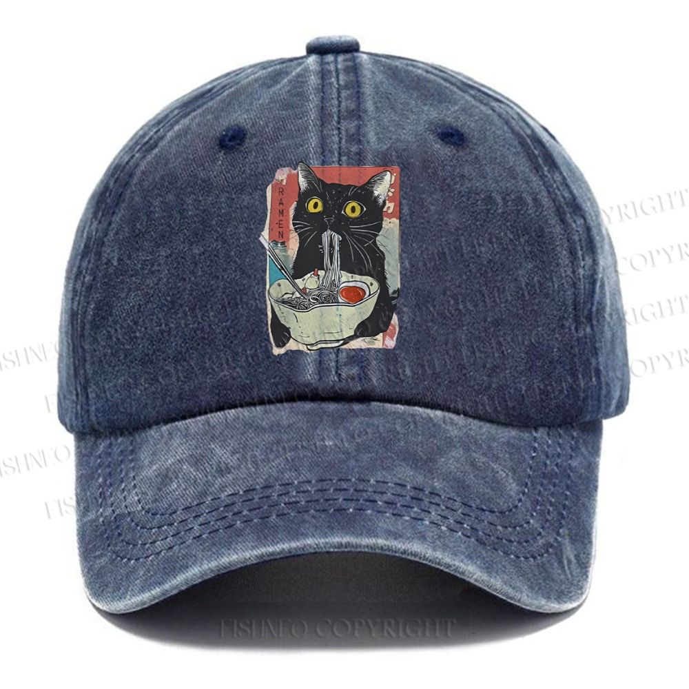 Unisex Cute Cat Eating Ramen Vintage Casual Washed Cap