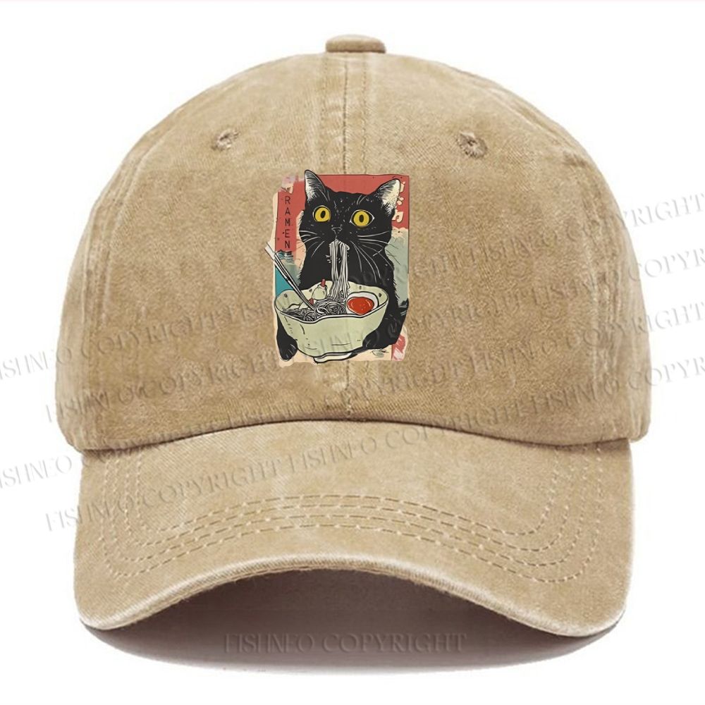 Unisex Cute Cat Eating Ramen Vintage Casual Washed Cap
