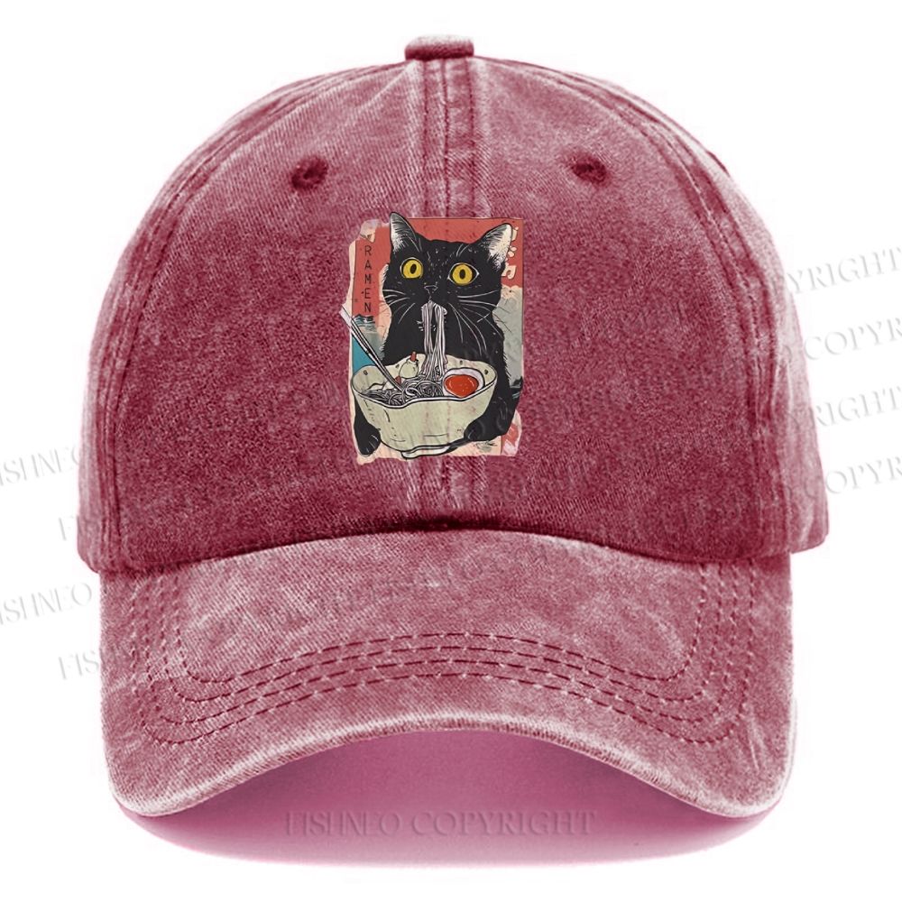 Unisex Cute Cat Eating Ramen Vintage Casual Washed Cap