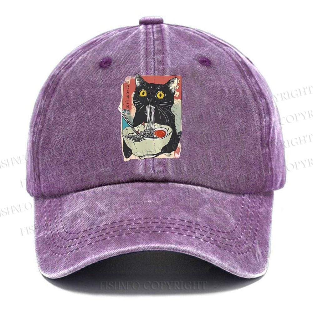 Unisex Cute Cat Eating Ramen Vintage Casual Washed Cap